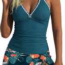 2 Piece Tankini Swimsuits for Women V Neck Tankini Top Skirt Bottom Tummy Control Bathing Suit Swimwear (L)