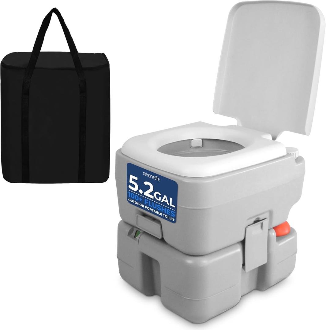 SereneLife 5.2 Gal Portable Camping Toilet For Adults, 100+ Flushes, Porta Potty Camp Toilet with Detachable Waste Tank, Level Indicator, Carry Bag, Suitable for Camping, Hiking, and Boating