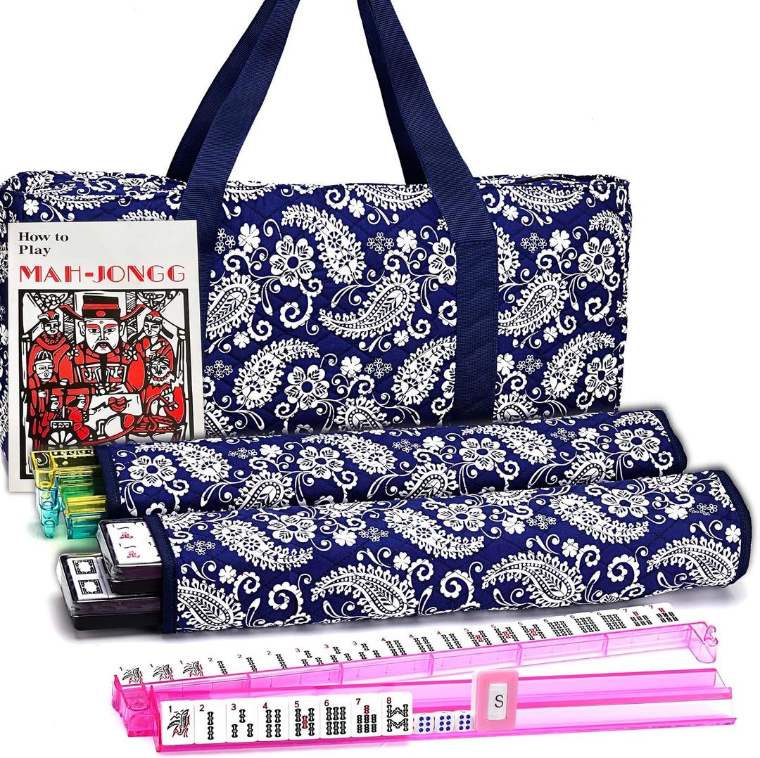 Mose Cafolo American Mahjong Set, Blue Paisley Carrying Bag,166 Premium White Tiles,4 All-in-One Color Rack/Pushers Complete Mahjong Tiles Set (Ma Jong, Mah-Jongg, Majiang), standard