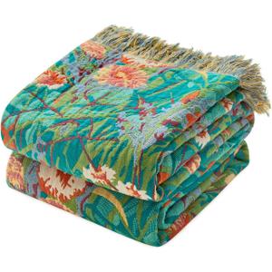 LUTBM Boho Throw Blanket for Bed Cotton Spring Blankets Twin Size for Bedroom Living Room All Season Lightweight Floral Embroidery Reversible Quilt for Couch Sofa Chair 60"x80" Home Decor