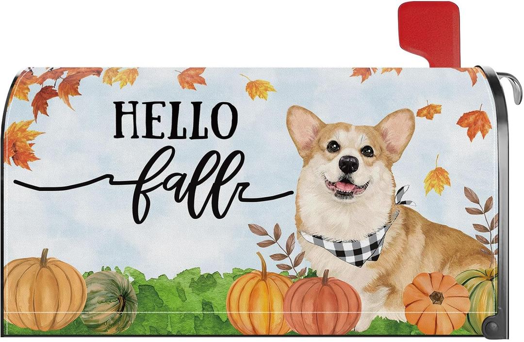 Hello Fall Corgi Dog Pumpkin Mailbox Cover Magnetic Standard Size 21x18 Inch Autumn Decorative Post Letter Box Wrap Decor Garden Yard Decoration