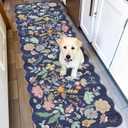 2x6 Hallway Floral Rug Runner: Washable Non Slip Low Pile Area Rug for Kitchen Front Door Soft Water Resistant Carpet for Bathroom Light Weight Durable Floor Mat for Bedroom Nursery(2x6/Blue/Purple)