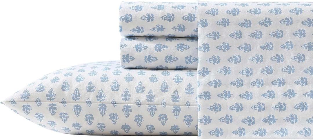Laura Ashley - King Sheet Set, Crisp & Cool Cotton Percale Bedding with Deep Pockets, Lightweight for Year Round Comfort, Bed Sheets with Matching Pillowcases (Francesca Blue)