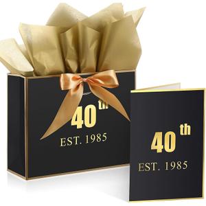 Teenyyou 40th Birthday Gift Bag Large for Women with Greeting Card and Tissue Paper Wrapping Gift Bag for Birthday Decorations Party Supplies(Black Gold,40th)