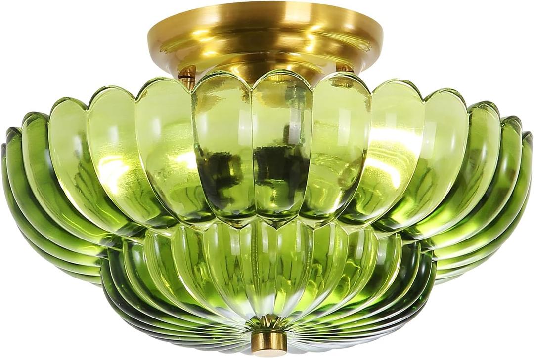 Flush Mount Ceiling Light Green Glass Light Brushed Brass Modern Light Fixture for Living Room Kitchen Bedroom Hallway 3 Bulbs(Bulb Not Included)