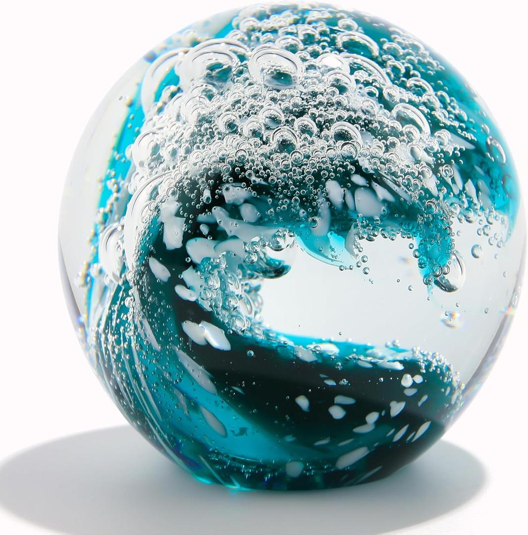 Qianwei Hand Blown Ocean Waves Crystal Ball - Glass Collectible Figurines Spere - Paperweight Glass Ball Aquarium DecorOffice Decor Ocean Lovers (Dark Blue)
