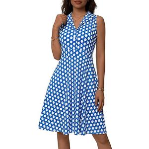 TORARY Button Down Shirt Dress Sleeveless Collar Neck Summer Work Dress with Pockets Midi Flowy Aline Sundresses, M