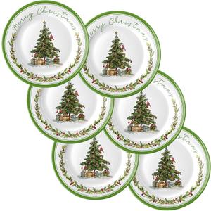 6 Pcs Christmas Melamine Plates Dinner Salad Plates Xmas Tree Dinnerware Xmas Wreath Dishes Holiday Tableware for Dessert Salad Appetizer Birthday Party (Christmas Tree,8 Inches)