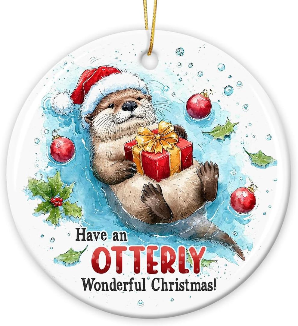 4 x Otter Ornament for Christmas Tree Decorations 2025, Gifts for Animal Lovers, Cute for Women Man, Double Sided Ceramic Animal Ornament, Gift for Friend Coworker Neighbor