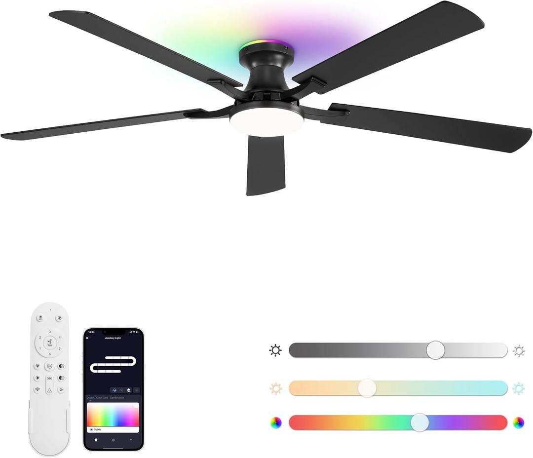 ZMISHIBO 60 Inch Ceiling Fans with RGB Lights, Low Profile Flush Mount Ceiling Fan with App&Remote Control, Dimmable 20W LED Light, Black Modern Fan for Living Room, Bedroom, Game Room