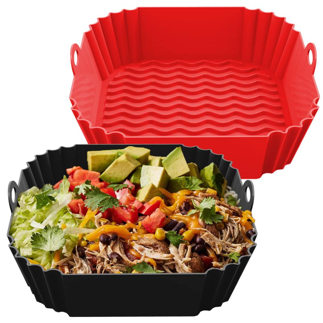 8 Inch Silicone Air Fryer Liners Square (2 Pack) Red & Black Reusable Non-Stick Inserts with Handles for Mess-Free Cooking & Heat Resistance – Compatible with Ninja COSORI Instant Vortex & More