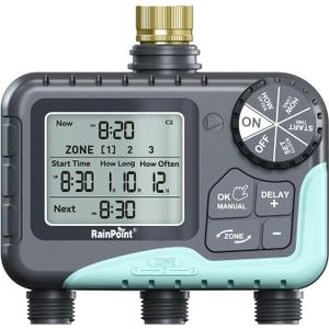RAINPOINT Water Timer 3 Outlets with Brass Inlet, Automatic prinkler Timer with Rain Delay/Manual Watering/large LCD display, Garden Smart Irrigation Time for Yard, Lawn