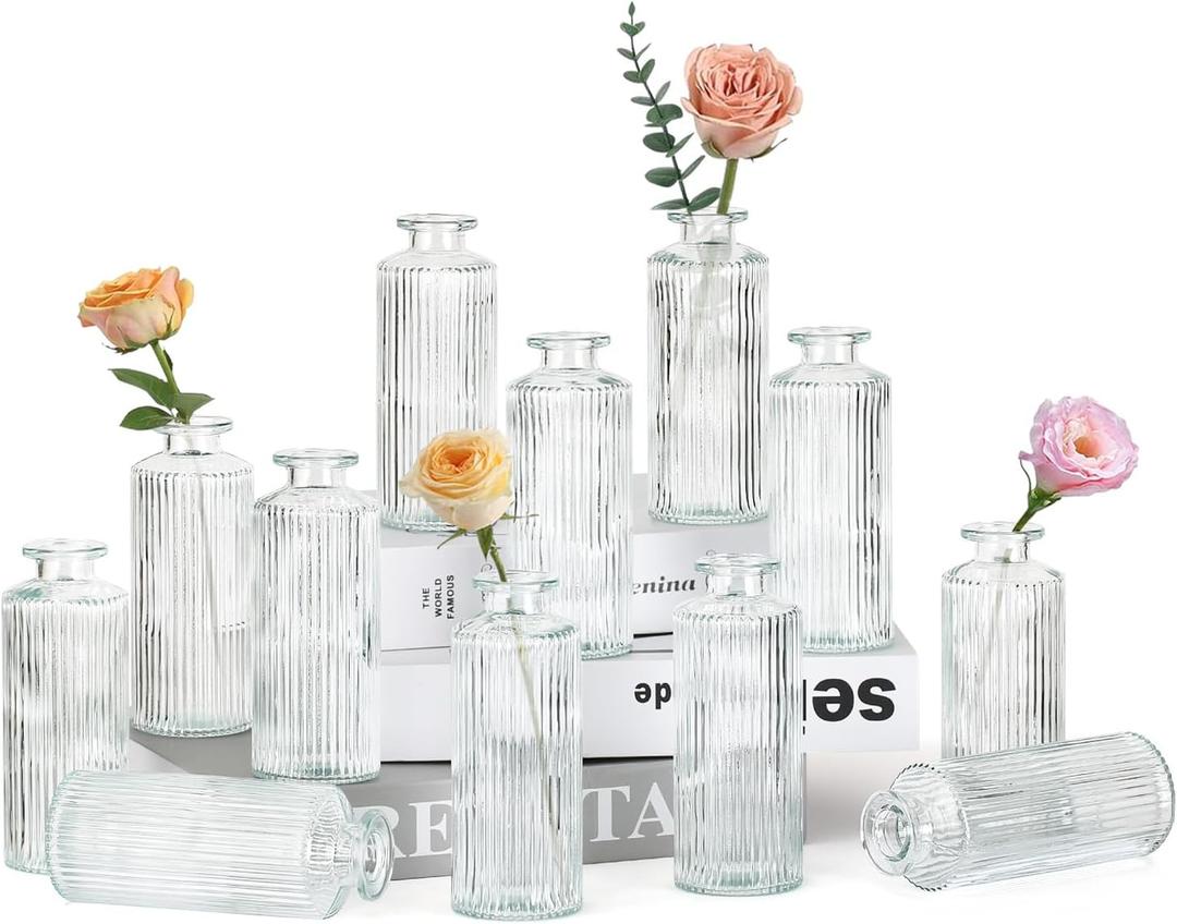 12PCS Mini Bud Vases As Vertical Wedding Centerpieces for Tables,Clear Bud Vases for Flowers,Small Flower Vases Suitable for Birthday Party,Anniversary,Wedding,Baby Shower (Clear-5.2in)