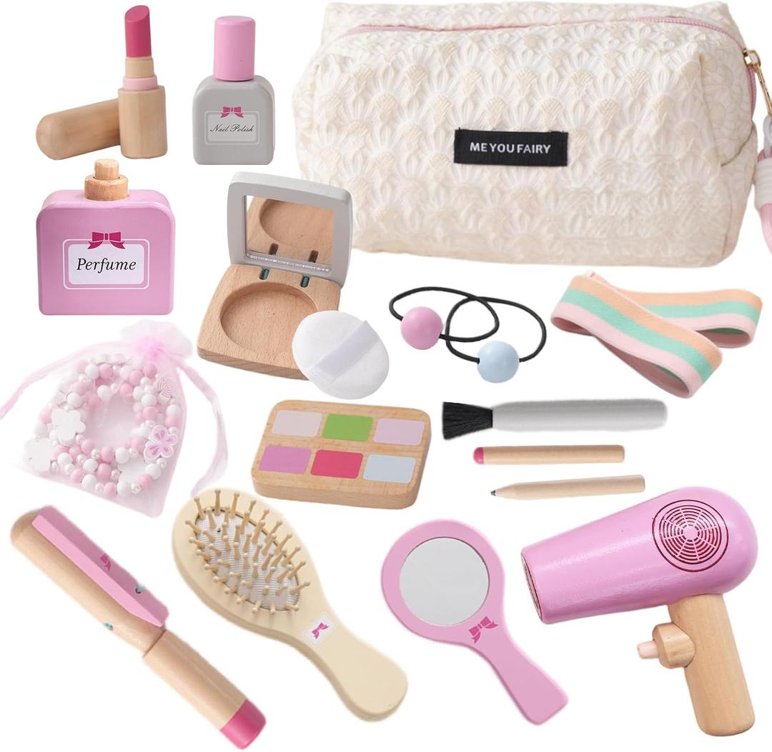 Wooden Makeup Toy Set for Toddler,Kids Pretend Play,Children Role Play Toys,Fake Cosmetics Salon Toys,Princess Dressup Accessories with Bag Birthday Gift for Girls 3 4 5 6