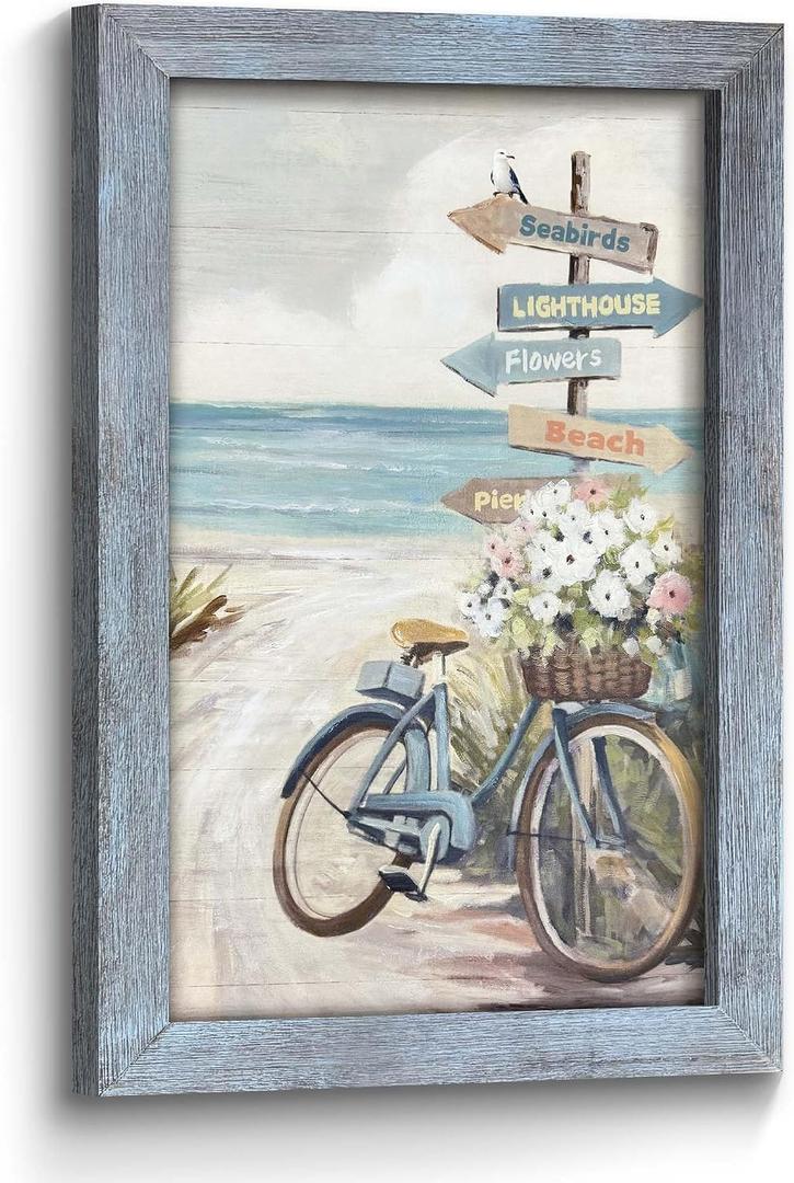 Bedroom Beach Seascape Wall Art: Coastal Tropical Seaside Bicycle with Flower Beachy Signs Rustic Scenery Wooden Framed Prints Picture Ocean Seashore Painting Artwork Decor for Living Room Bathroom Home Office 24"x16"