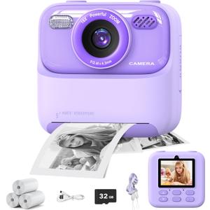 masterbee Kid Camera Instant Print Photo, Birthday Gifts for Girls and Boys, Kids Digital Camera Toys, 1080P HD Video, 3 4 5 6 7 8 9 10 11 12 Year Old Boy Gifts/Girl Gifts (Purple)
