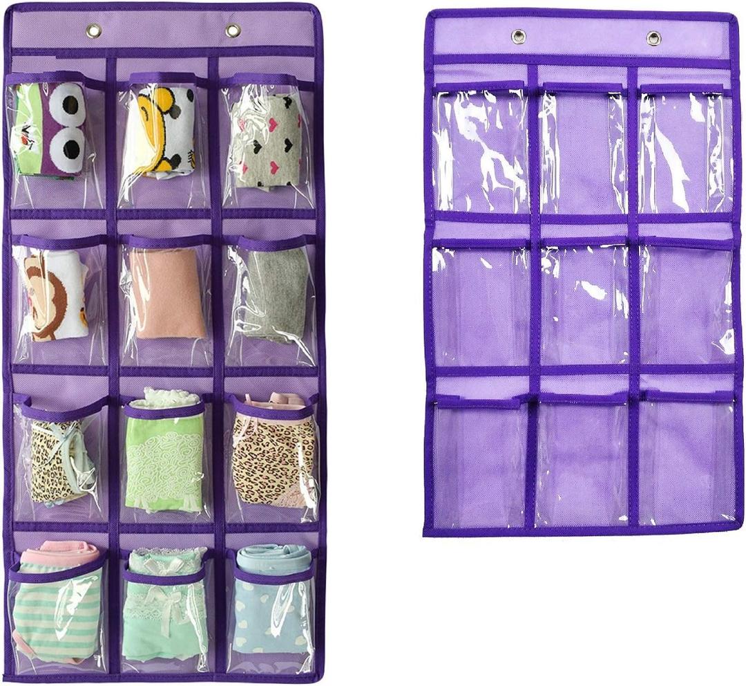NIMES Hanging Closet Underwear Sock Jewelry Storage Over The Door Classroom Cell Phone Calculator Organizer Clear Pockets (PURPLE-12 & 9 POCKETS PACK)