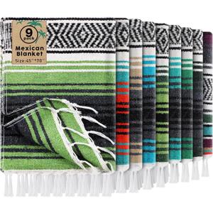 9 Pcs Mexican Blanket Bulk Large Yoga Blanket Striped Falsa with Fringed for Outdoor Beach Picnic Couch, 45 x 70 inch (Green Colors)