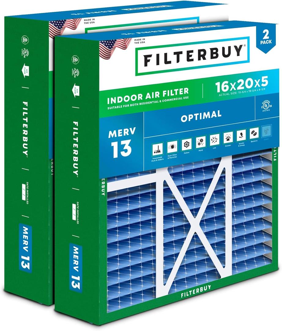Filterbuy 16x20x5 Air Filter MERV 13 Optimal Defense (2-Pack), Pleated HVAC AC Furnace Air Filters for Honeywell FC100A1003, Lennox X0592, and More (Actual Size: 15.75 x 19.75 x 4.38 Inches)