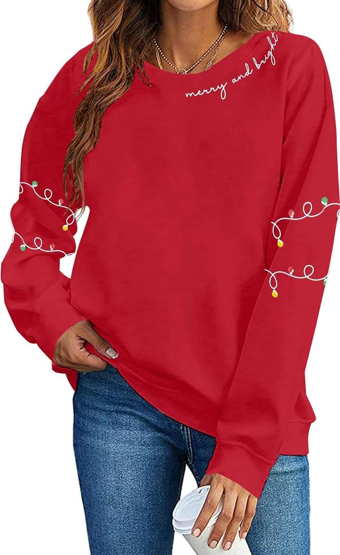 Christmas Sweatshirt Women Christmas Light Sweatshirts Merry And Bright Xmas Long Sleeve Shirts Crewneck Pullover Tops (Red, XL)