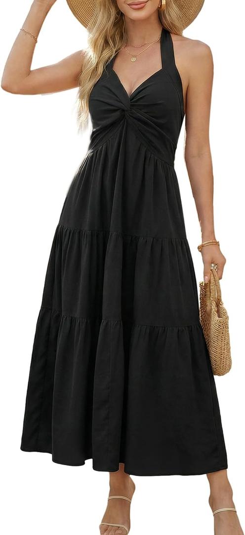 Florboom Women's Casual Sleeveless Halter Sundress Long Dress Date Night Trendy Party Dresses with Pockets (Black, M)