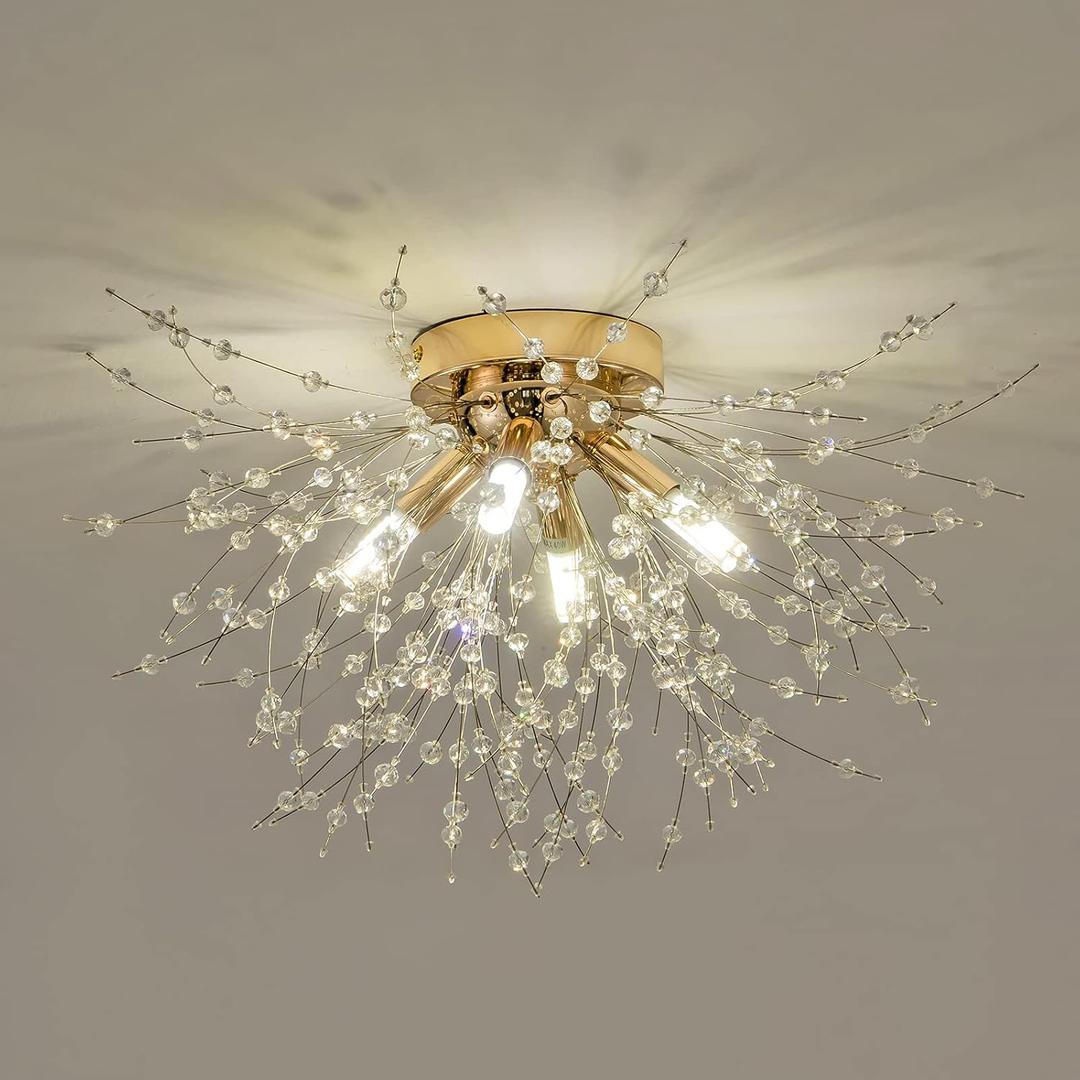 Modern Small Crystal Ceiling Light Fixture, 4-Light Gold Crystal Sputnik Firework Chandelier, Semi Flush Mount Ceiling Light Fixtures for Bedroom Kitchen Hallway Entryway Bathroom(H9.5'' x W17.7'')