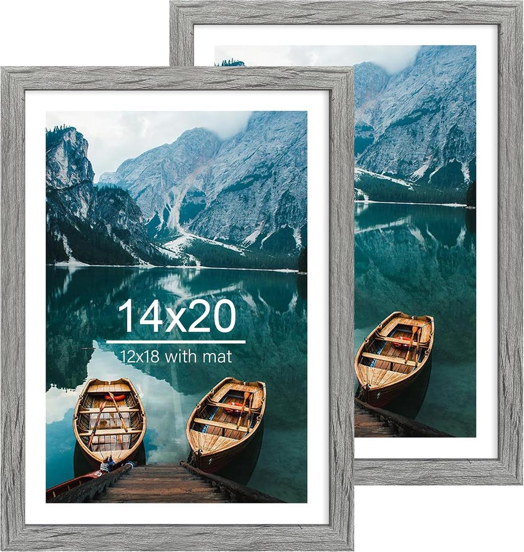 Hongkee 14x20 Picture Frame Set of 2, Rustic Grey Wood Style - Display 14 x 20 Picture without Mat or 12x18 Picture with Mat, Wall Mounting Horizontal and Vertical