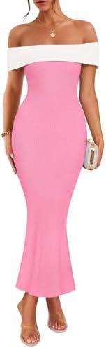 ZESICA Women's 2025 Summer Off The Shoulder Ribbed Knit Sweater Dresses Sleeveless Color Block Party Bodycon Maxi Dress, M, Pink