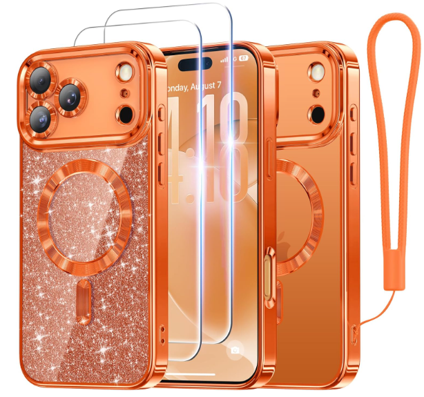 Glitter for iPhone 17 Pro Max Case with Eye-catching Integrated Lens Protection, [Sparkly Bling Back Panel] [Seamless Work with Magsafe] Cute Women Girly Phone Case for iPhone 17 Pro Max Cosmic Orange