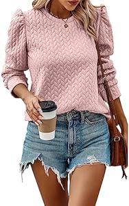 PRETTYGARDEN Quilted Puff Sleeve Sweatshirt Fall Fashion 2024 Trendy Casual Western Ladies Pullover Outfits Clothes (Pink, M)