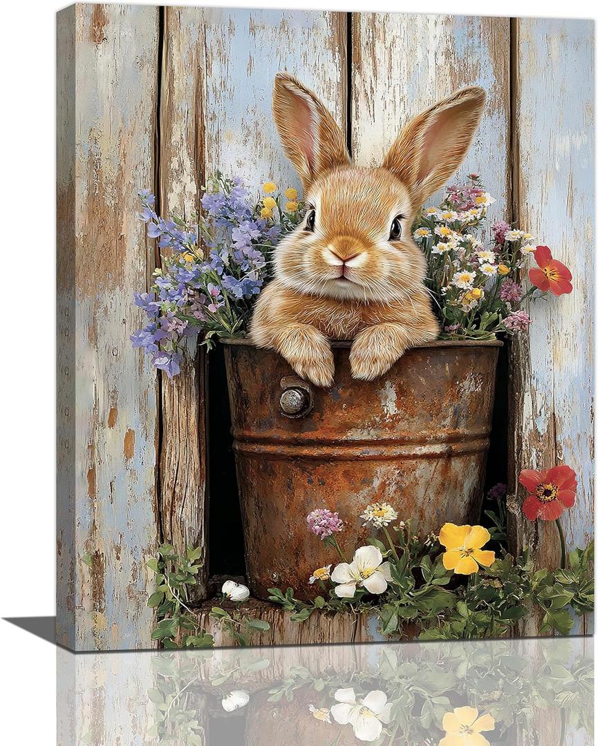 Crekviy Farmhouse Rabbit Decor Wall Art Vintage Bunny Flower Canvas Prints Painting Rustic Cute Animal Artwork Home Decorations for Bathroom Bedroom Living Room Framed Gifts 16"x20", 20L"×16W"