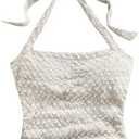 SHENHE Women's Tie Halter Neck Backless Ruched Slim Fit Textured Summer Cute Crop Top