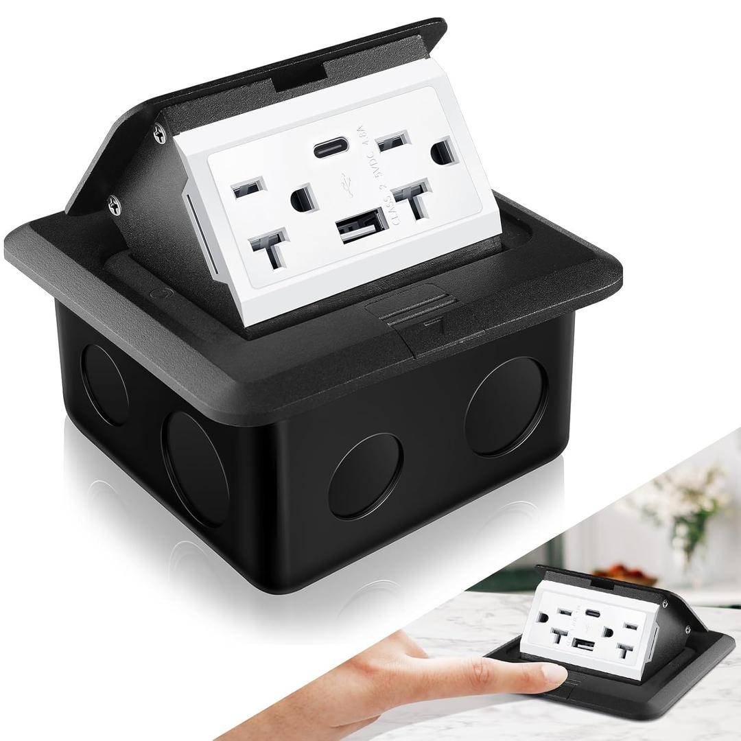 Hoolerry Pop up Floor Outlet Floor Kit Waterproof Electrical Outlet Cover Box with 4.8A USB A & Type C Charge and 20 Amp Tamper Resistant Plug Receptacle Box for Countertop Office Home (Black)