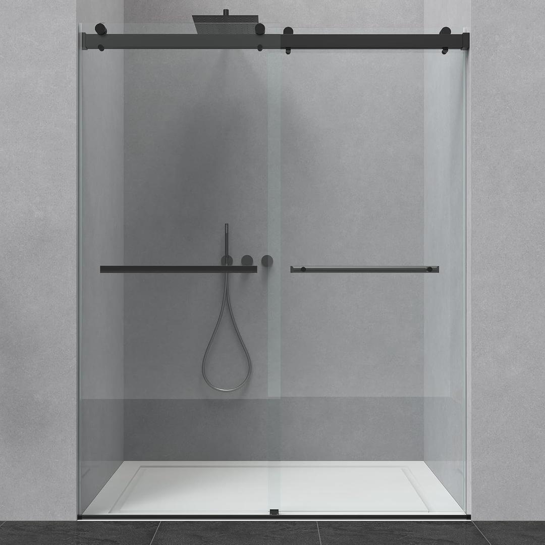 56-60 x 76 Frameless Shower Door, 5/16" (8mm) Clear SGCC Tempered Glass, Bathroom Dual Sliding Shower Doors, Matte Black