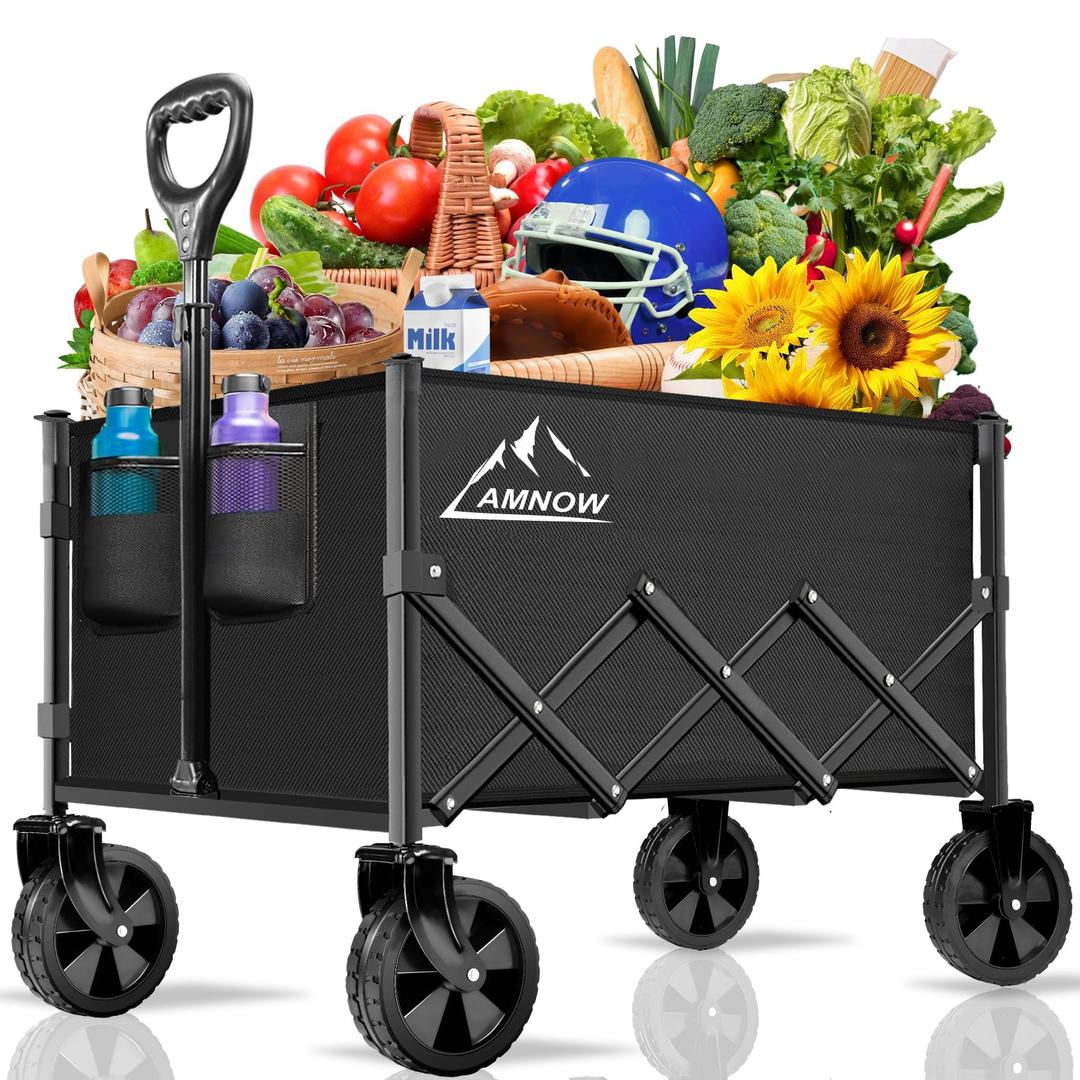 Collapsible Wagon Cart with Wheels Foldable, Folding Wagons Carts with Silent Universal Wheels, Large Grocery Cart On Wheels, Heavy Duty Utility Wagon for Shopping Beach Sports Fishing Camping, Green
