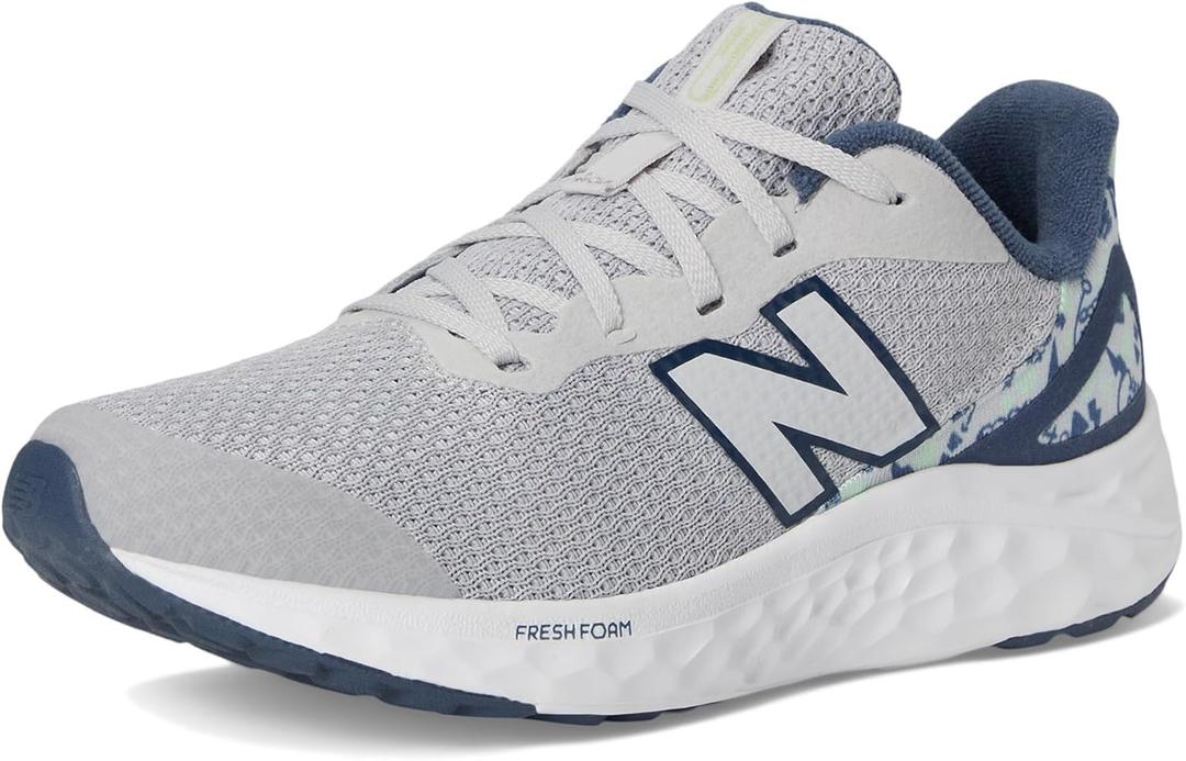 New Balance Unisex-Child Fresh Foam Arishi V4 Lace-upRunning Shoe (4 Big Kid, Grey Matter/Vintage Indigo/Melon Water)