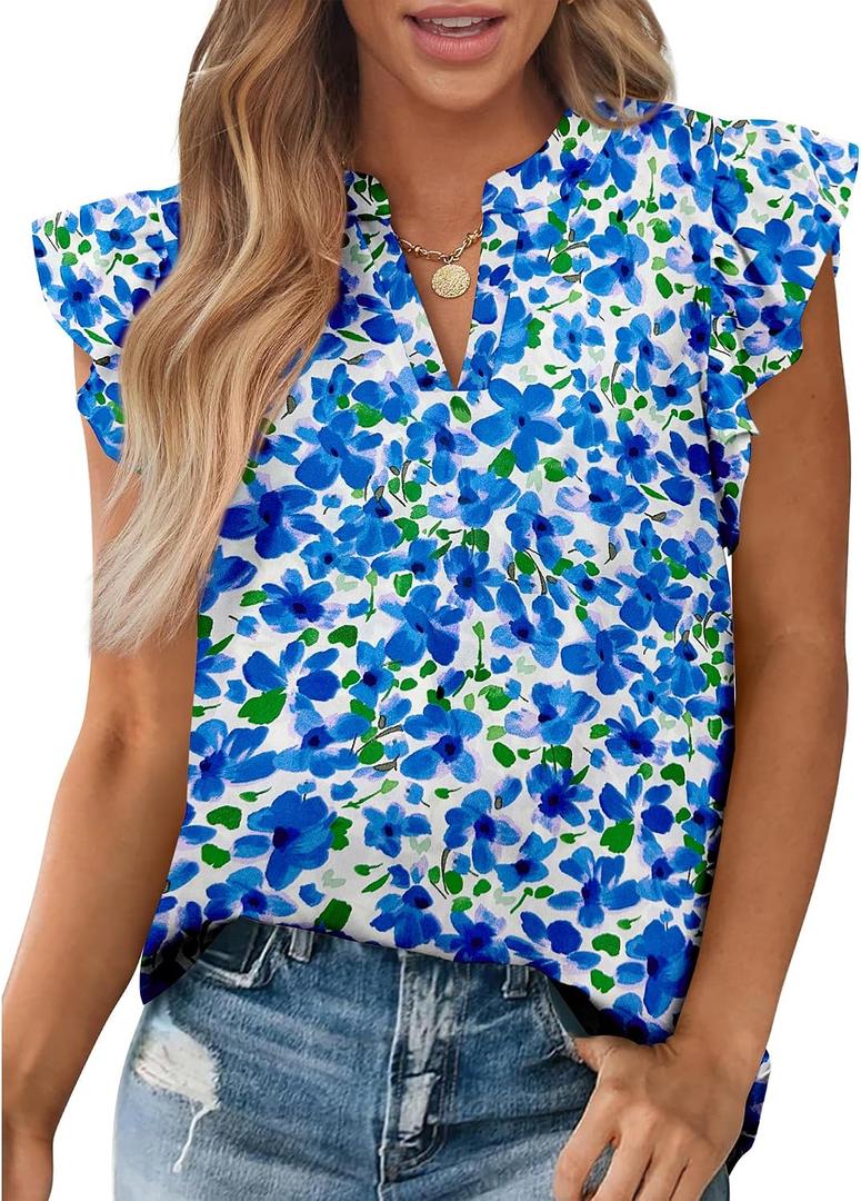 Zenlonr Womens Dressy Casual Floral Tops V Neck Ruffle Sleeve Blouses (XL)