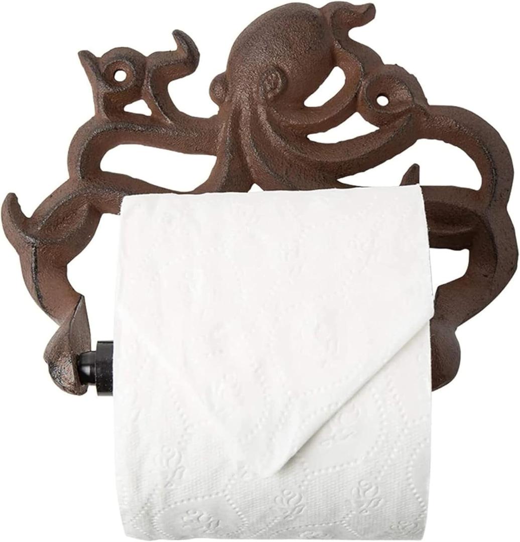 Comfify Decorative Cast Iron Octopus Toilet Paper Holder Wall Mounted Nautical Bathroom Decor Kraken Design Easy to Install with Screws & Anchors Rust Brown