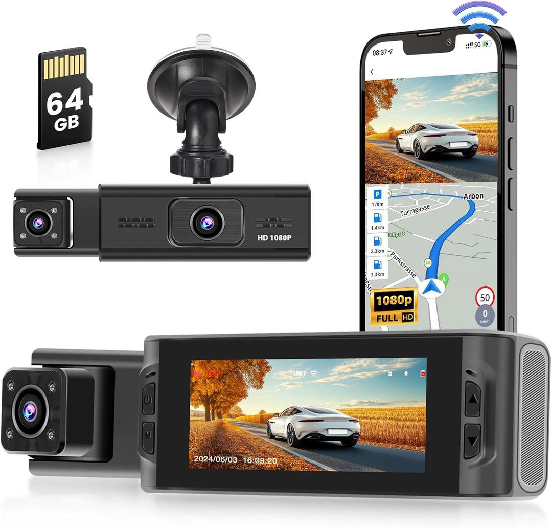 Hikity Dual Dash cam Front and Inside for car, 3.16'' 1080P Car Dual Dual Channel Dash Camera with Built-in WiFi/APP, Car Recorder with Free 64G Card, Dashcam Night Version/Loop Recording/G-Sensor