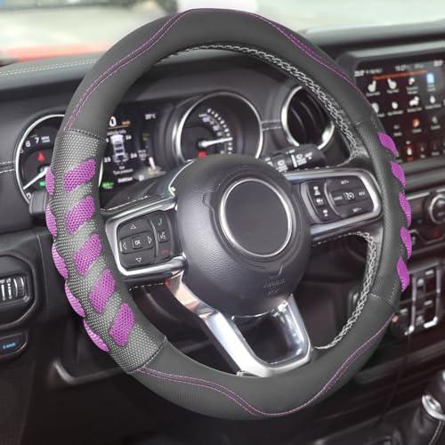 KAFEEK Car Steering Wheel Cover Breathable Leather, Anti-Slip Sporty, 3D Honeycomb Hole, Steering Wheel Accessories Men Women, Universal 15 inch, Black Purple