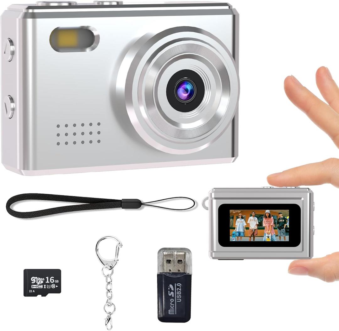 Mini Keychain Camera-1080P Mini Retro Digital Camera with 0.96" Screen 16GB Card,Portable Video Recorder with Filters for Kids, Teens, Beginners (Silver)