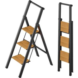 SOLADDER 3 Step Ladder with Handrails, Anti-Slip and Foldable Step Stool with Widen Pedals, Portable Stepladders for Home, Kitchen and Indoor, Space Saving -300lbs(Black+Woodgrain)