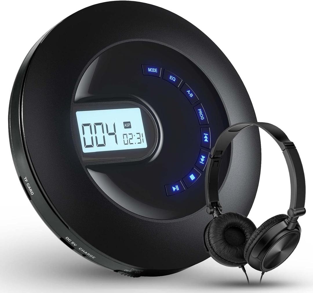 CD Player Portable, Rechargeable Portable CD Player for Home Car and Travel with Headphone and Anti-Skip/Shockproof, Compact Player with LCD Display, AUX Cable, Backlight