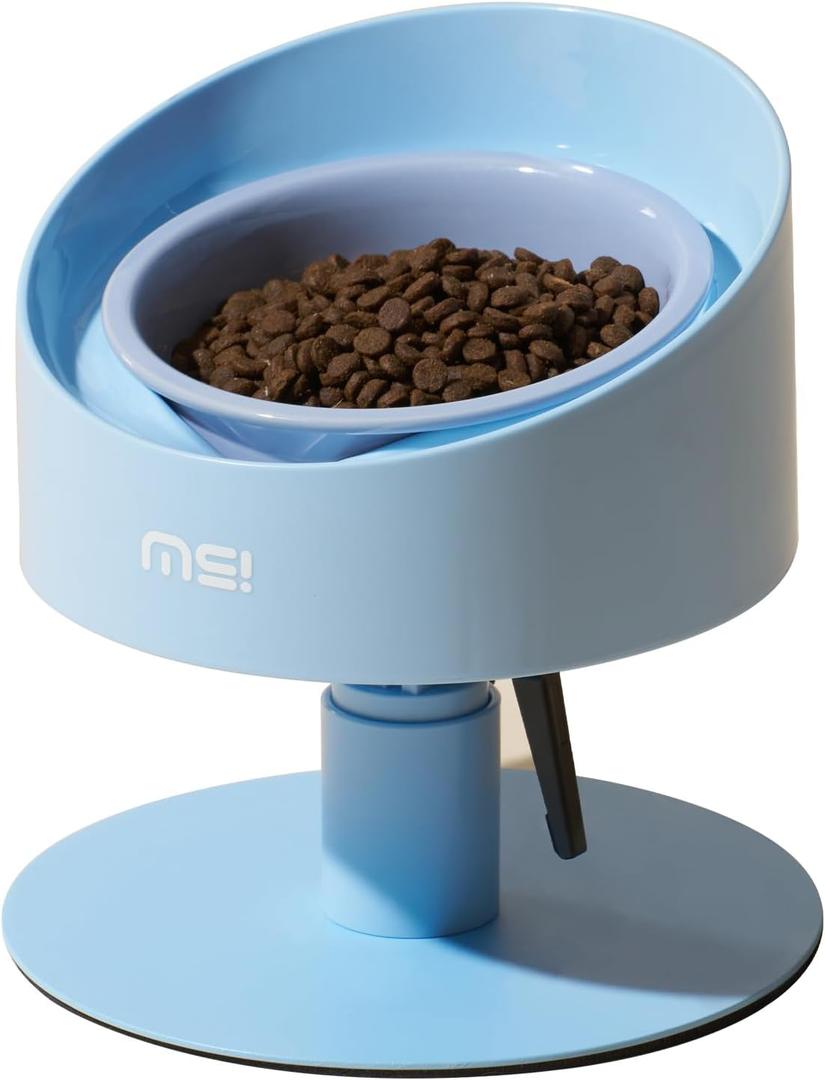 MS!MAKE SURE Adjustable Raised Cat Bowls, Ceramic Elevated Cat Bowls, Pet Bowl with Anti - Slip Rubber Pad, Leak - Proof, Lead & Cadmium Free, Whisker - Friendly, for All Life Stages of Age Blue