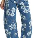 D-Sun Women Printed Barrel Jeans Casual Low Rise Floral Printed Cropped Wide Leg Denim Pants Boyfriend Baggy Jean with Pocket (Blue)
