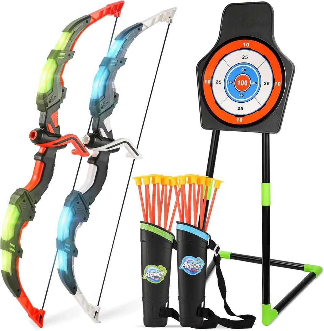 Bow and Arrow Set for Kids, 2-Pack LED Light Up Archery Set with 20 Suction Cup Arrows, Indoor and Outdoor Toy for Boys Girls Age 4-8 8-12 with Standing Target&2 Quivers, Birthday Gift 3-12 Years Old (2-pack)