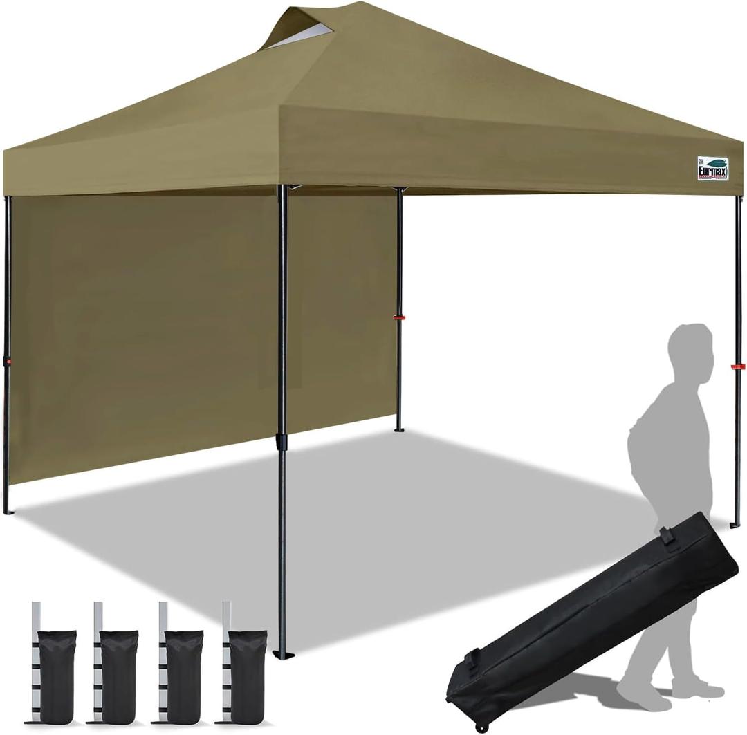 Eurmax USA NOMATTER ONE-Person Open&Close 10x10ft Pop Up Canopy Tent,Portable Shelter Canopy for Outdoor Events with 1 Removable Sidewall,Instant Canopies,Temporary Sunshade,Bonus 4 Sand Bags(Khaki)