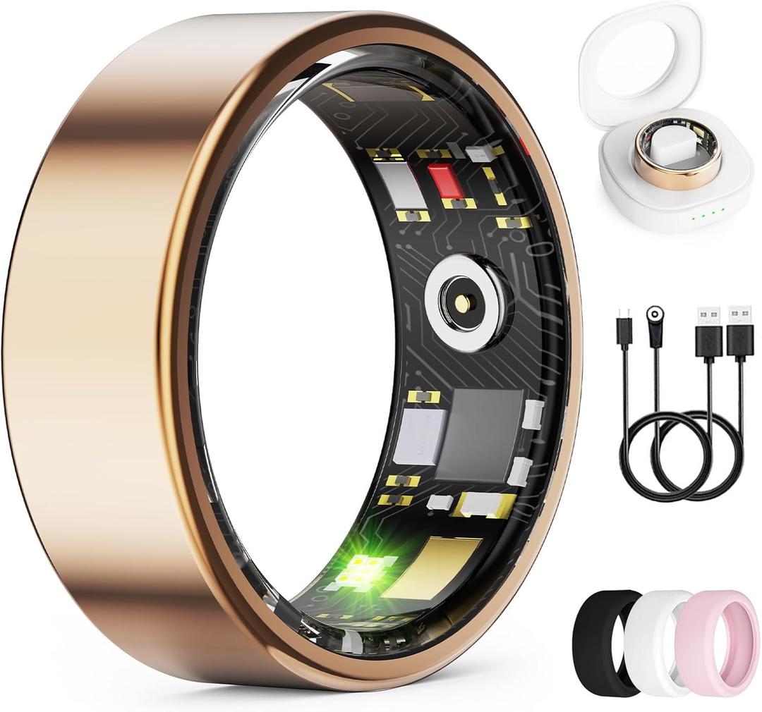 Smart Ring for Women & Men, Health Tracker Ring with Heart Rate, Blood Oxygen,Blood Pressure, IP68 Waterproof Fitness Ring, Sleep Tracker for iPhone and Android, No APP Fee (Rose Gold, 7#)