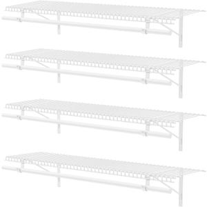 4 Pack Closet Shelves with Triangular Brackets and Hanging Rod, 4FT X 12IN Wall Mounted Wire Shelving Orgnizer for Closet,Laundry Room,Pantry,Load Up to 150lb, White