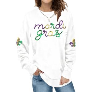 Womens Mardi Gras Shirt Stripes Fat Tuesday Tee Shirt Sequin New Orleans Carnival Party Long Sleeve Top (White, L)